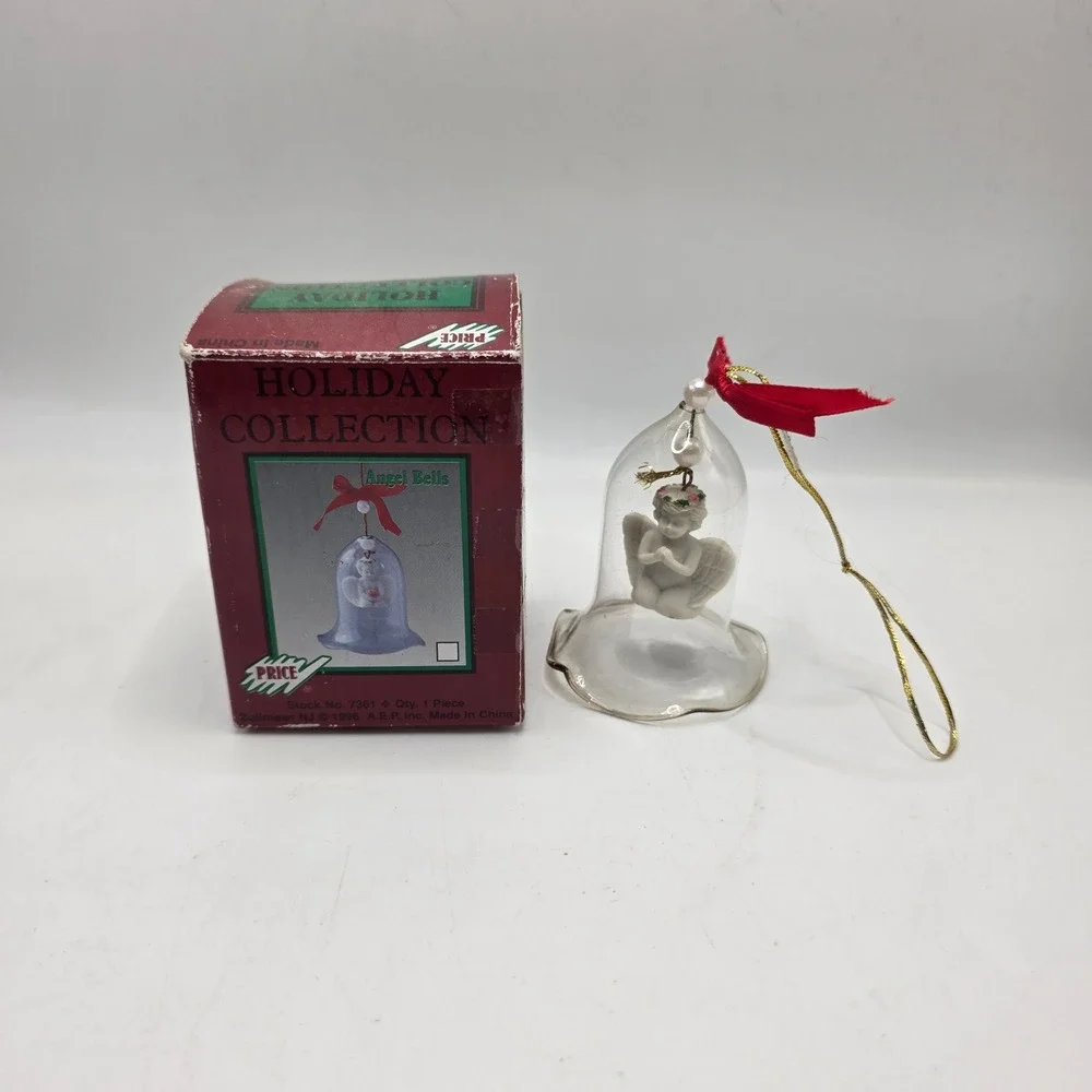 Price Angel Bell Ornament Clear Glass White Cherub 1996 Holiday Vintage 7361 Red
